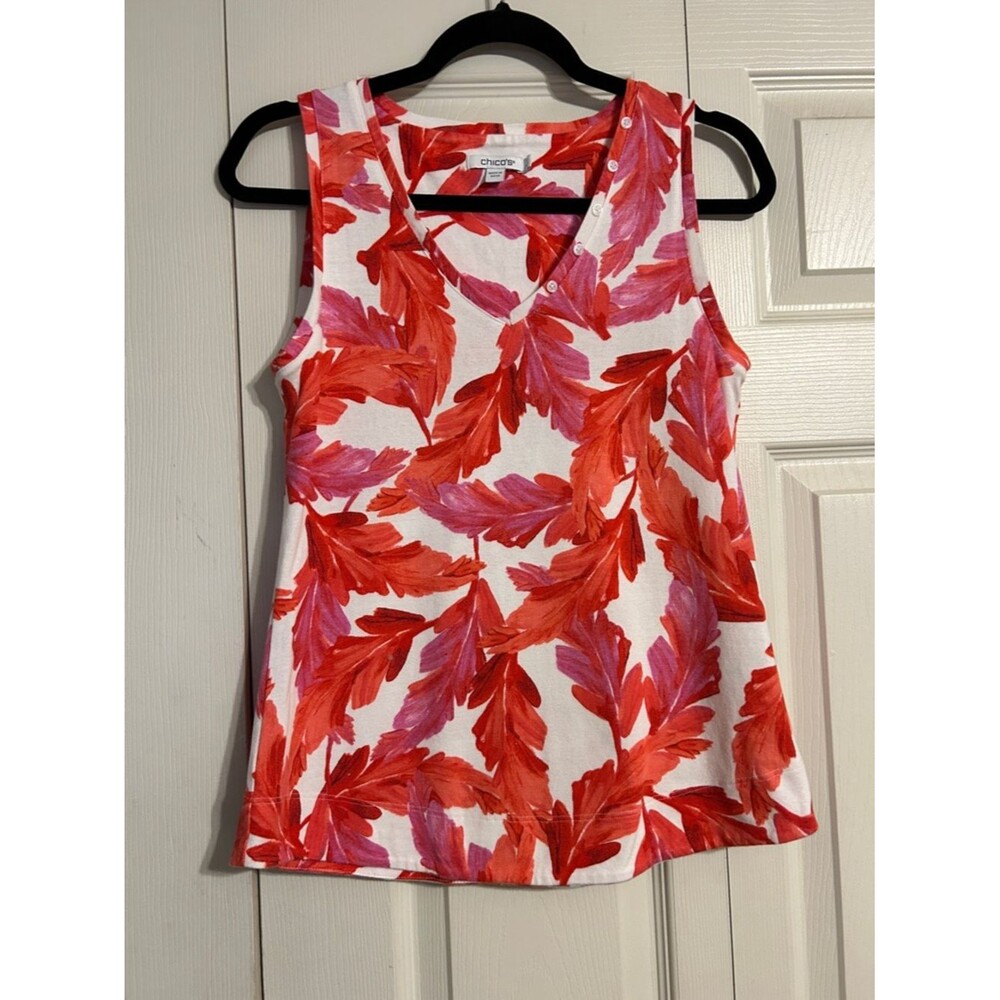 Chico's Red Pink White Leaf-Print Floral Size 0 Small V-Neck Sleeveless Tank